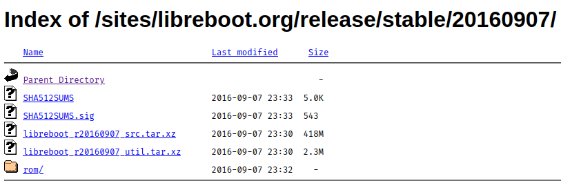 A screenshot from the HTTP mirror directory listing for the 20160907 release, with a file called "libreboot_r20160907_util.tar.xz"
