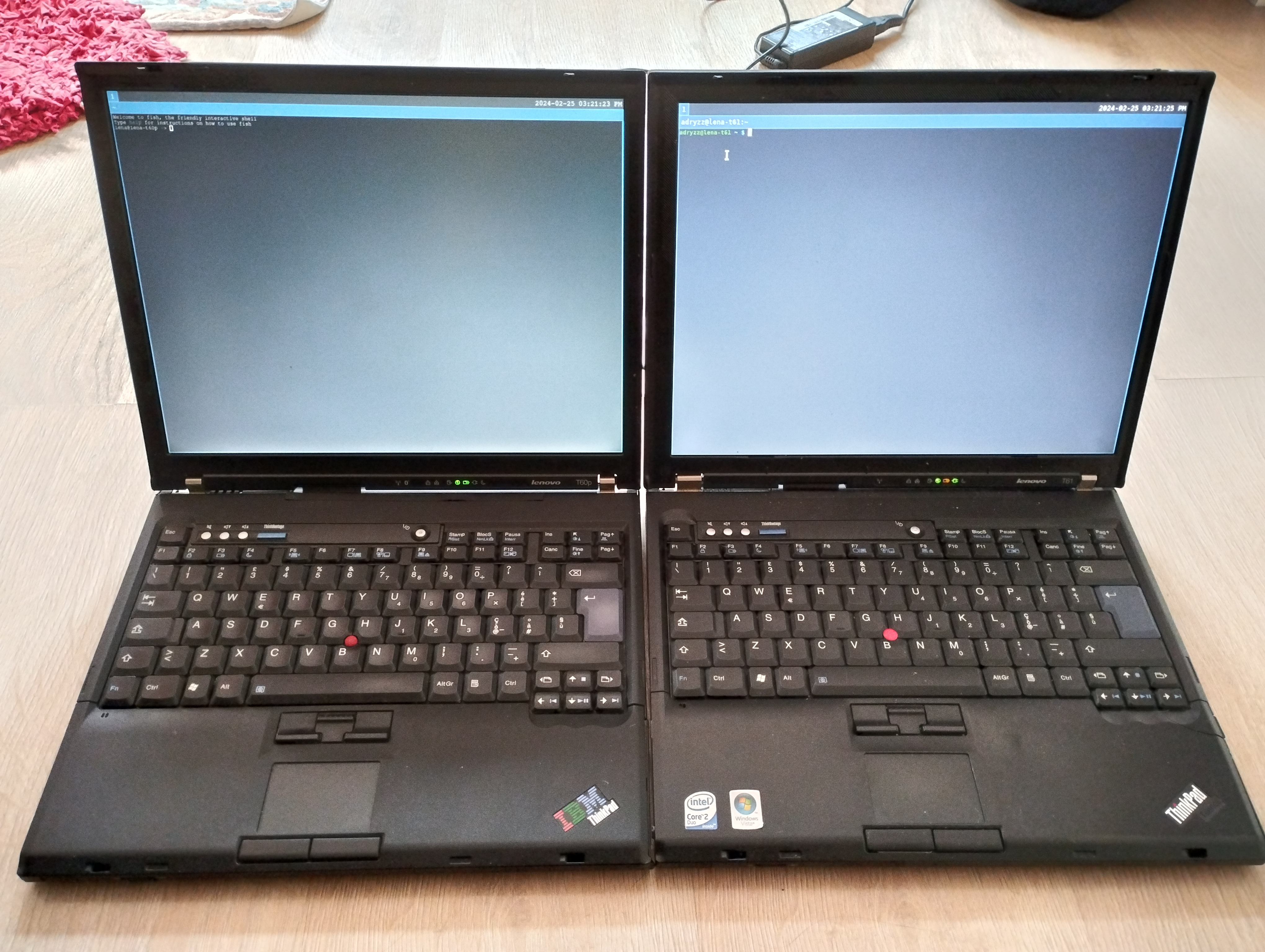 my ThinkPad T60p (on the left) and my thinkpad T61 (on the right), both running the Sway Wayland session