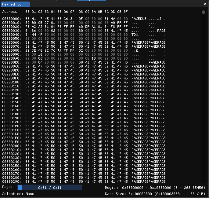 ImHex screenshot showing the memory dump starting with the PAGEDU64 string