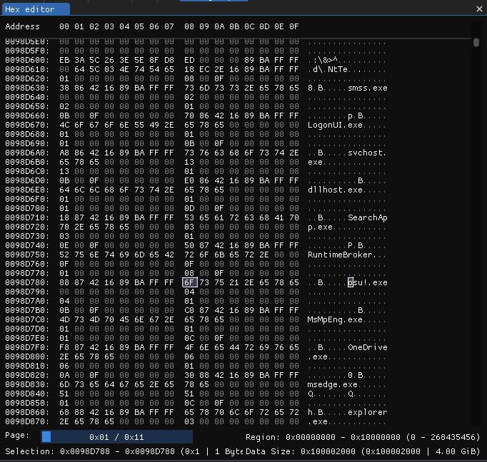 ImHex screenshot showing an unknown data structure with various process names