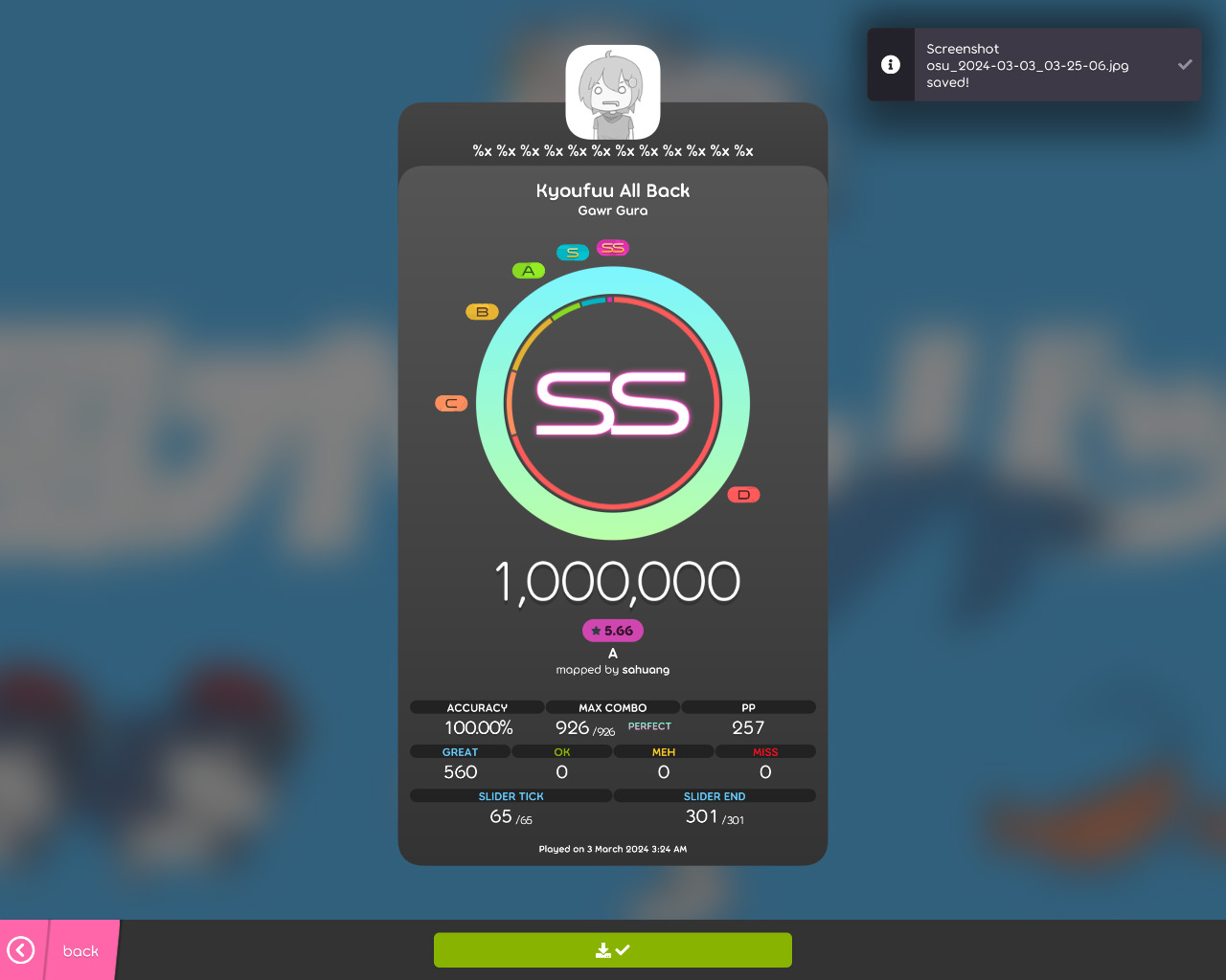 screenshot of osu! showing the results screen with a custom name